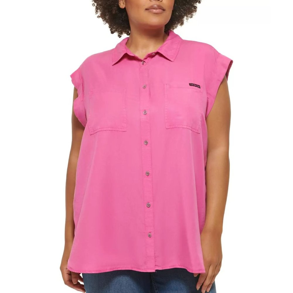 Calvin Klein Jeans Trendy Plus Size Cuffed-Sleeve Top - Pink